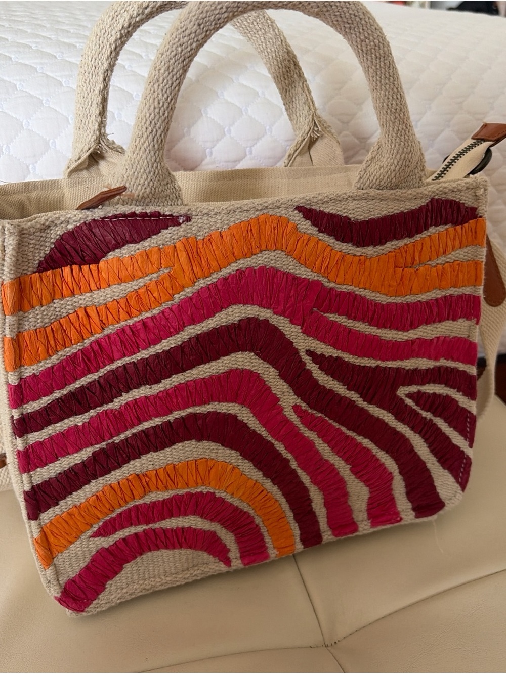 Parfois Canvas Embroidered Tote in Pink, Orange & Burgundy